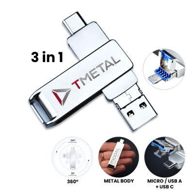 3 v 1 otočný USB flash disk, USB A + USB Micro + Type-C, 3.0 256GB,strieborná farba (UDM12330)