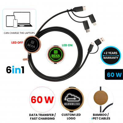 DÁTOVÝ A PD 60 W RÝCHLONABÍJACÍ USB KÁBEL 6 V 1, S LED LOGOM, BAMBUS + RECYKLOVANÝ PLAST