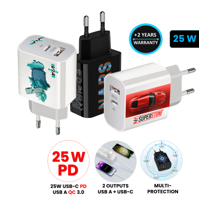 PD 25 W USB ADAPTÉR DO EÚ ZÁSUVKY S USB-A + USB-C VÝSTUPOM