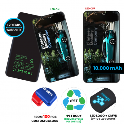 DUÁLNA POWERBANKA Z RECYKLOVANÉHO PET PLASTU, S LED LOGOM, 10 000 mAh