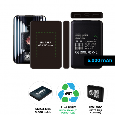 Duálna power banka z recyklovaného PET plastu, s LED logom, 5000mAh, čierna farba (PBA5016)