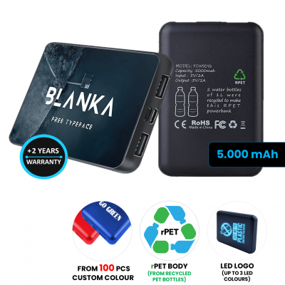 DUÁLNA POWERBANKA Z RECYKLOVANÉHO PET PLASTU, S LED LOGOM, 5 000 mAh