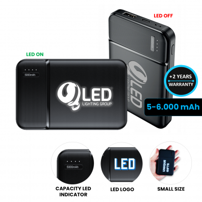 POWERBANKA S LED LOGOM, 5000 / 6000 MAH