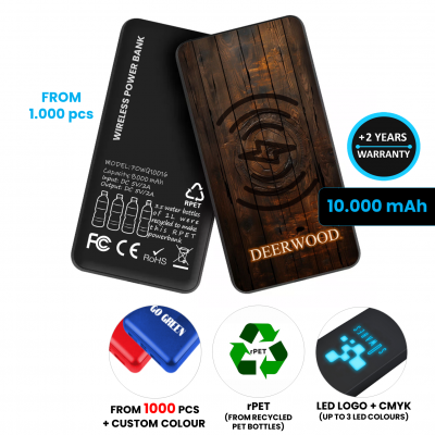 DUÁLNA POWERBANKA Z RPET (RECYKLOVANÝ PET), S BEZDRÔTOVÝM NABÍJANÍM A LED LOGOM, 8000 mAh