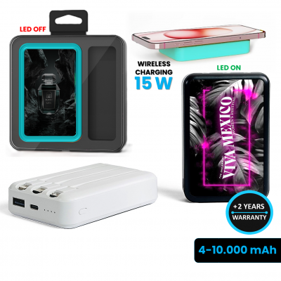 POWERBANKA S VSTAVANÝMI KÁBLAMI A 15W BEZDRÔTOVÝM RÝCHLONABÍJANÍM, 4000 - 10000 MAH, VO VLASTNÝCH FARBACH, LED LOGO + CMYK POTLAČ