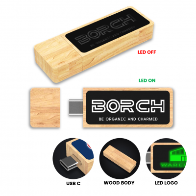 DREVENÝ USB FLASH DISK S LED LOGOM, S USB-C