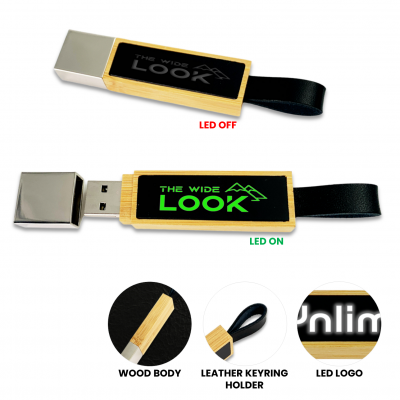 BAMBUSOVÝ USB FLASH DISK S KOŽENÝM PÚTKOM A LED LOGOM